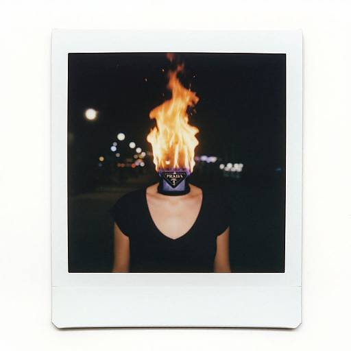 Photograph of a person's head replaced with a flaming torch, wearing a black top, against a dark night background.