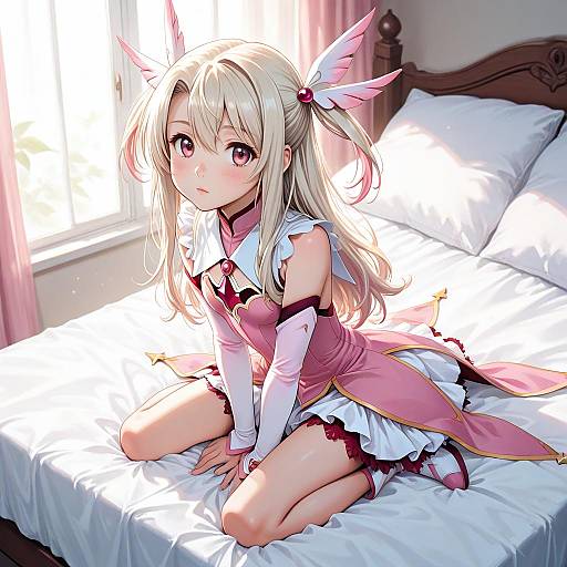 Anime-style digital illustration of a blonde, pink-haired girl with butterfly hairpins, wearing a pink and white magical girl outfit, kneeling on a sunlit