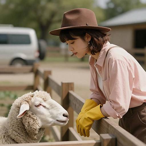 Young Woman by the Fence with Sheep