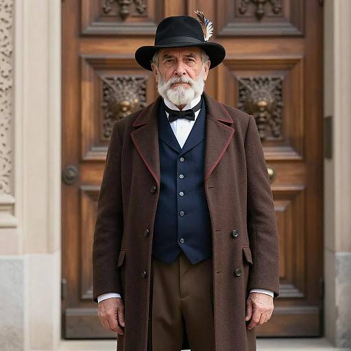 Photograph of an elderly white man with a white beard, wearing a black top hat with a feather, dark Victorian suit, and brown overcoat,
