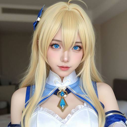Photorealistic digital portrait of a blonde anime girl with blue eyes, wearing a blue and white frilled cosplay outfit, with a blue gem pendant,
