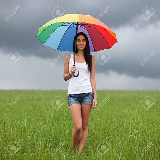 Photograph of a smiling young woman with long black hair, wearing a white tank top and denim shorts, holding a colorful rainbow umbrella, walking in a