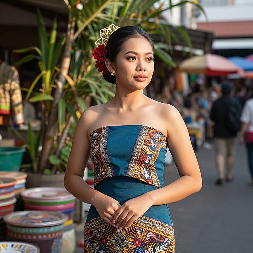 Photograph of an Asian woman with dark hair in an updo, wearing a blue, strapless, patterned dress, gold tiara, and
