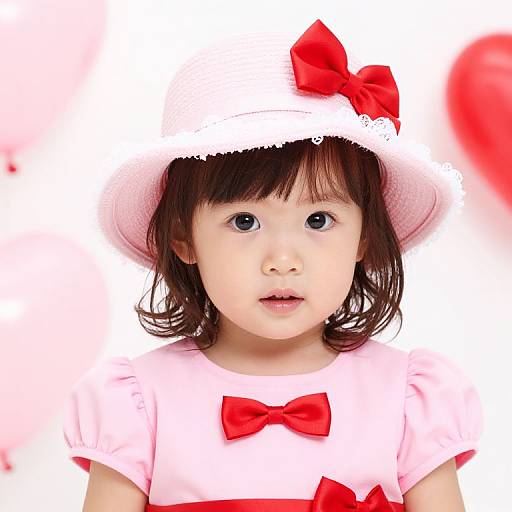 Photograph of a young Asian girl with large blue eyes, wearing a white hat with a red bow, a white shirt with red bows, against a