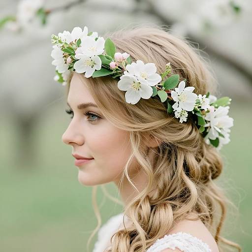 Photograph of a blonde woman with wavy hair, wearing a white flower crown and white dress, profile view, soft focus background.