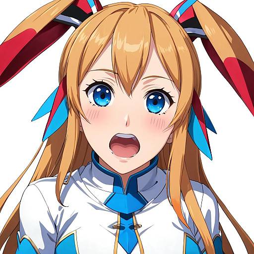 Digital anime-style drawing of a surprised blonde girl with blue eyes, red and blue ribbons, and a white and blue outfit.