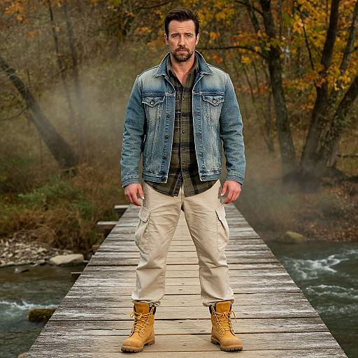 Photograph of a bearded man in a denim jacket, plaid shirt, beige pants, and tan boots, standing on a wooden bridge in a