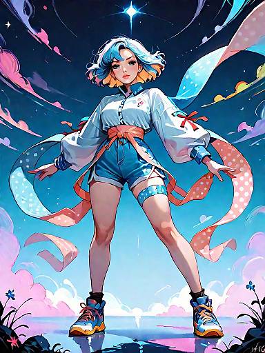 Vibrant Nighttime Fantasy Girl in Sporty Outfit