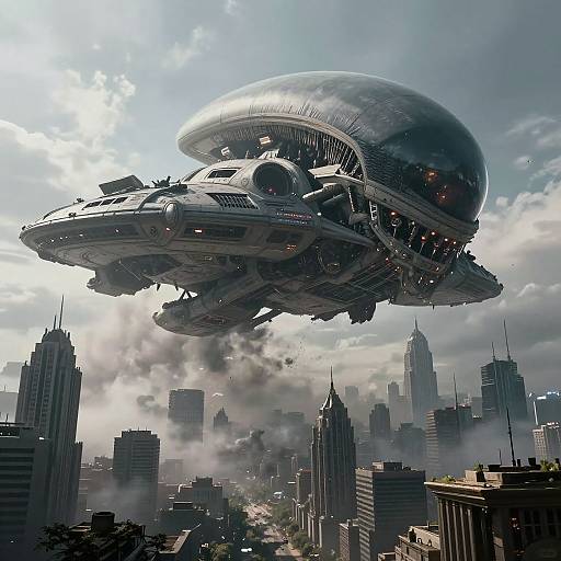 Photorealistic CGI of a futuristic, spherical spaceship hovering above a smoky, modern cityscape with skyscrapers, reminiscent of a sci-fi movie