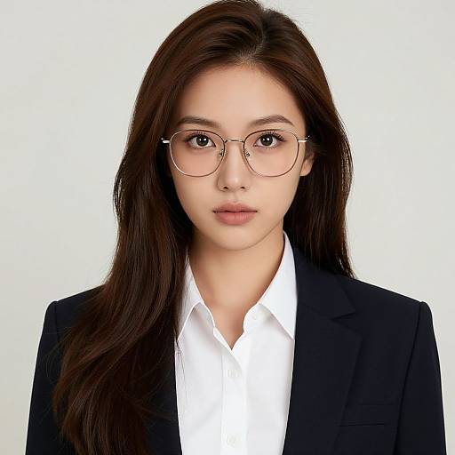 Photograph of an East Asian woman with long dark hair, wearing round glasses, a black blazer, and a white shirt, against a plain white