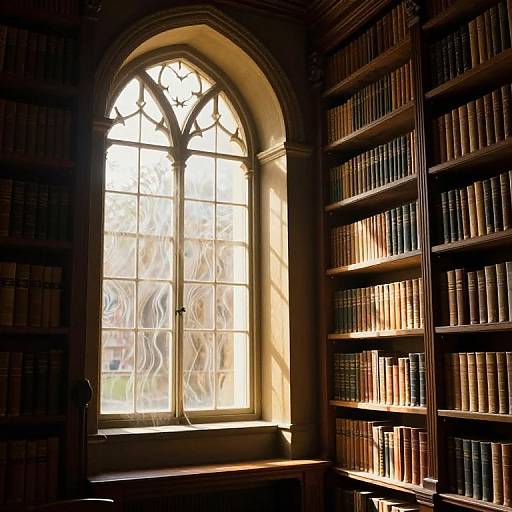 Photograph of a sunlit, arched library window with stained glass, casting light on wooden bookshelves filled with colorful, neatly arranged books.
