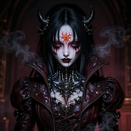 Digital art of a pale, demonic woman with black hair, red eyes, horned headpiece, red star on forehead, black leather jacket, and