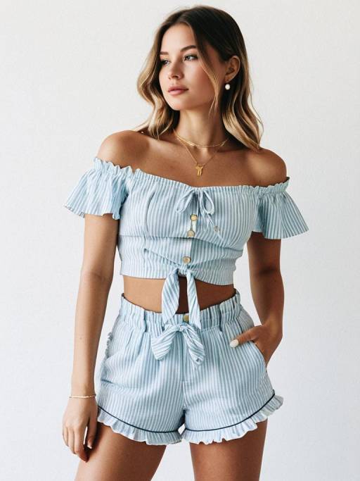 Woman in Light Blue Striped Summer Outfit