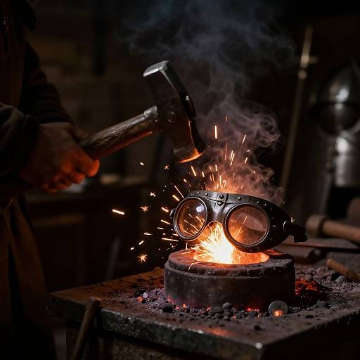 Photograph of a blacksmith's gloved hand hammering glowing, sparking metal over a fiery forge, surrounded by dark, smoky workshop.