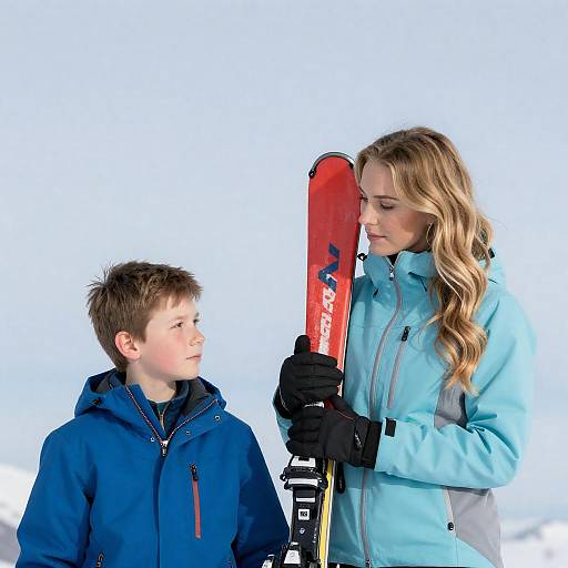 Outdoor Portrait of Woman and Boy with Skis