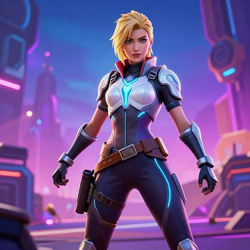 CGI image of a confident blonde woman in a futuristic black and white armored suit with glowing blue accents, standing in a neon-lit sci-fi city