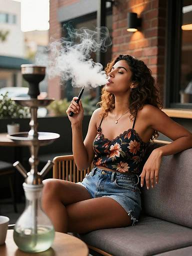 Woman Smoking Shisha at Outdoor Cafe
