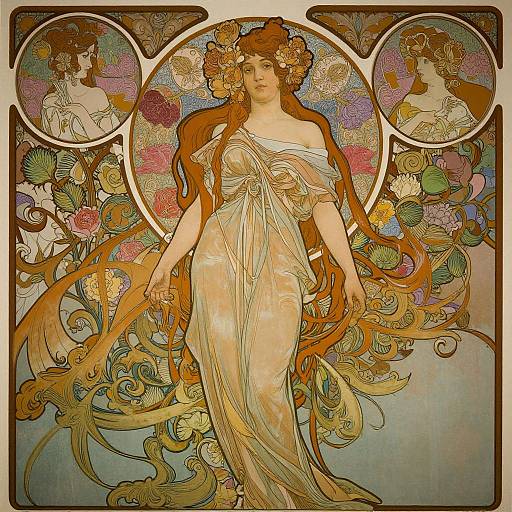 Art Nouveau-style digital illustration of a fair-skinned woman with long, flowing red hair, wearing a translucent, off-shoulder gown, surrounded