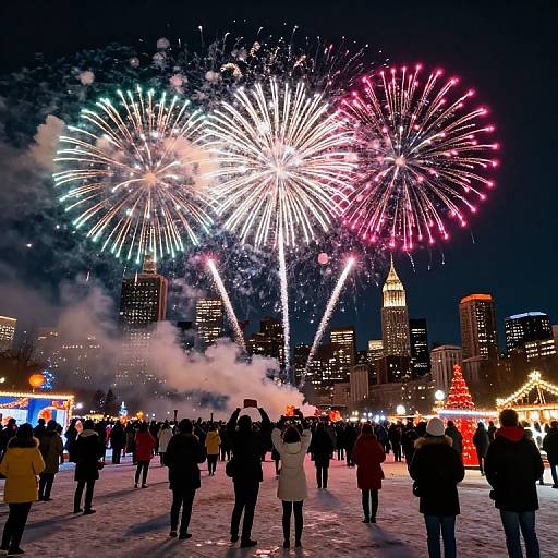 Photograph of a snowy city plaza at night, crowded with people watching colorful fireworks explode above a lit Christmas tree and city skyline.