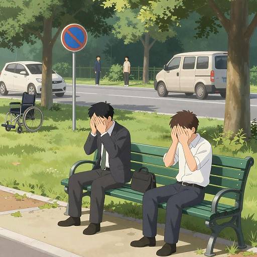 Somber Moments in an Anime Park Scene