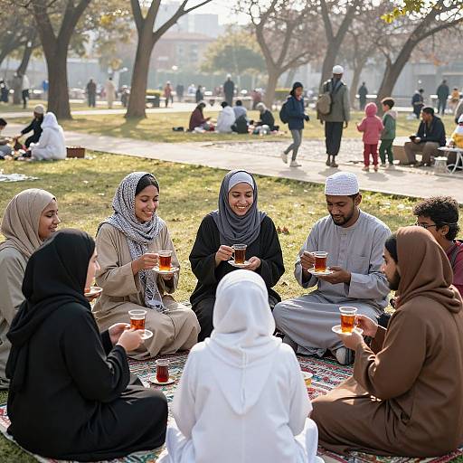 Photograph of diverse Muslim group sitting on grass, wearing hijabs and traditional attire, sharing tea in a sunlit park.