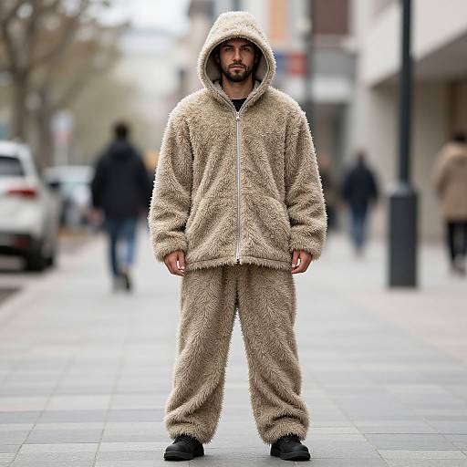 Photograph of a bearded man in a beige, fuzzy, hooded onesie standing on a city street with blurred background.