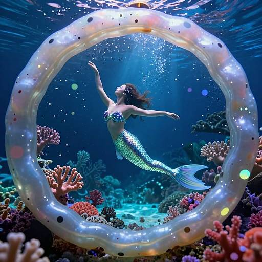 Photograph of a shimmering green mermaid with a sparkling tail, floating underwater through a glowing, translucent ring, surrounded by colorful coral reefs and illuminated