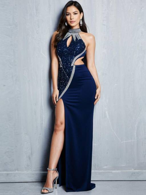 Woman in Navy Blue Evening Gown with Cut-Outs