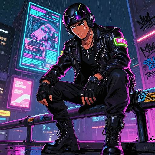 Cyberpunk street scene: tough, dark-haired man in black leather jacket and boots, neon-lit city, rain, sitting on railing, glowing