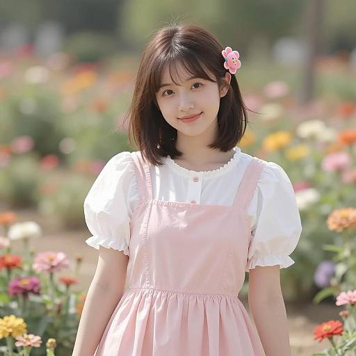 Young Woman in Pink Dress in Flower Garden