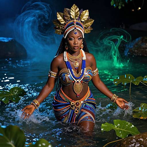 Photograph of an African woman in elaborate gold and blue tribal attire, with feathered headdress, standing in a mystical, glowing water jungle.