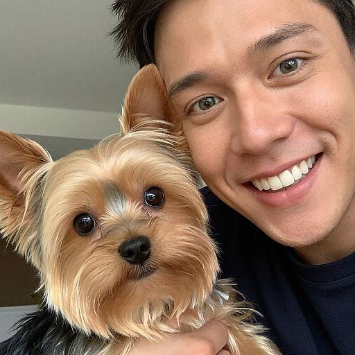 Close-up photograph of a smiling Asian man with short black hair holding a small, tan Yorkshire Terrier with black eyes.