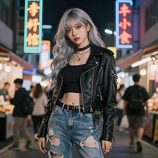 Confident Anime Woman in Cyberpunk Setting