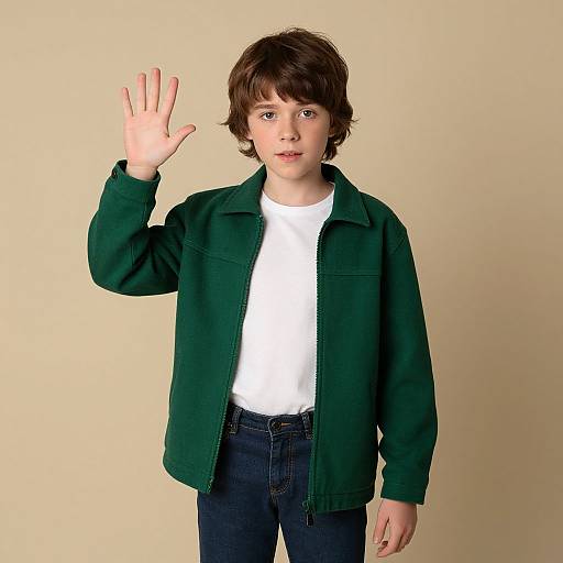 Photograph of a young boy with brown hair, green jacket, white shirt, and blue jeans, raising his right hand against a beige background.