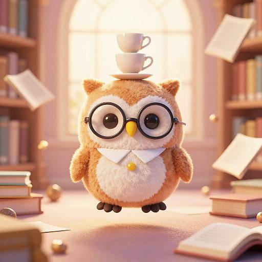 Kawaii Plushie Owl Librarian With Teacup Tower