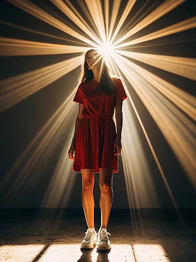 Woman in Red Dress with Radiant Light