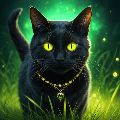 Glowing Black Cat with Jewelry in Grass