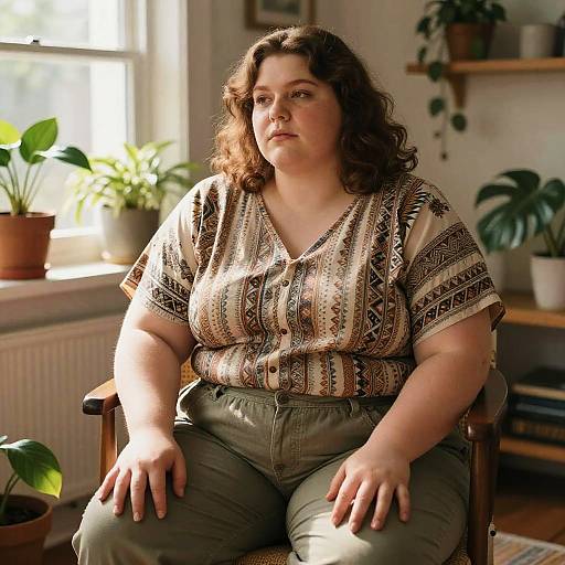 Photograph of a plus-sized, fair-skinned woman with curly brown hair, wearing a patterned blouse and olive pants, sitting in a sunlit