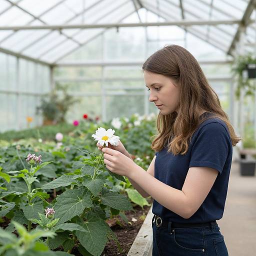 Young woman with long brown hair, wearing a black top and jeans, gently holds a white daisy in a bright, glass-covered greenhouse.