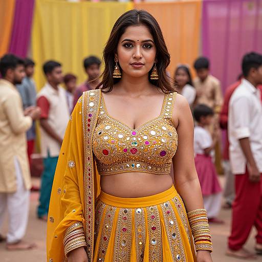 Photograph of a beautiful Indian woman in a golden, embroidered traditional outfit with a crop top and skirt, standing in a colorful, festive background with blurred