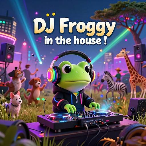 Digital illustration of a green frog DJ wearing headphones and a hoodie, mixing music at a vibrant, neon-lit outdoor party with colorful animals and city lights