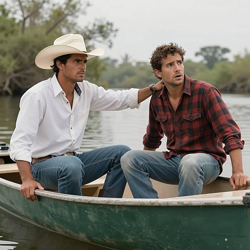 Two Men in a Green Boat by River