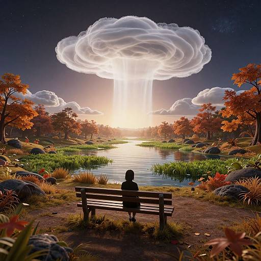 Digital artwork of a silhouetted person on a bench, gazing at a surreal sunset with a glowing, cloud-shaped sun over a serene,