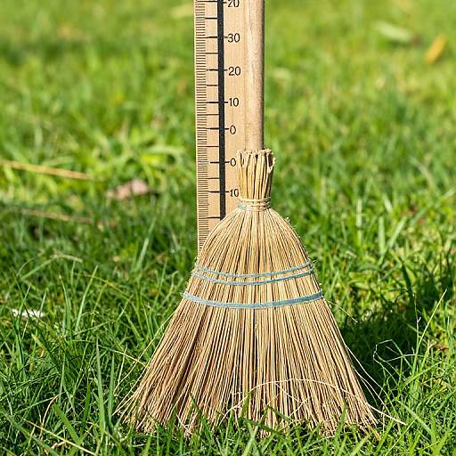 Photograph of a bundle of straw broom bristles tied with blue bands, standing upright on grass, with a ruler measuring 130 cm.