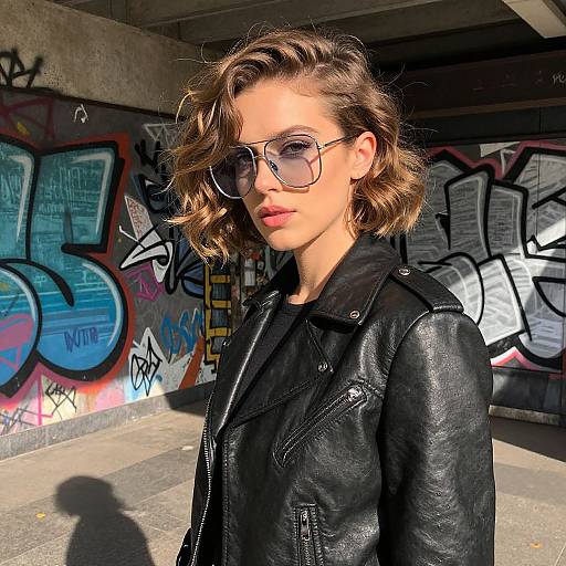 Photograph of a young woman with wavy brown hair, wearing large glasses and a black leather jacket, standing in a sunlit, graffiti-covered urban