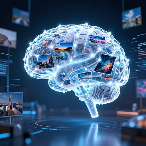 Digital CGI of a glowing, wireframe human brain filled with floating, illuminated images and data, set against a dark, futuristic background.