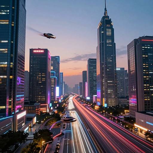 Photograph of a futuristic cityscape at dusk, featuring tall skyscrapers with neon lights, a flying drone, and long light trails from moving cars