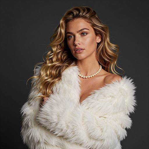 Blonde Woman in White Fur Coat with Pearl Necklace