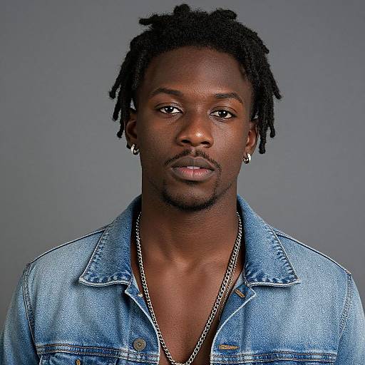 Photograph of a serious, dark-skinned man with short dreadlocks, wearing a blue denim jacket, silver chain, and hoop earrings, against a