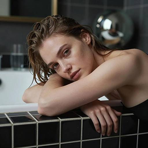 Serene Woman by Bathtub with Mirror Ball